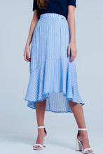 Load image into Gallery viewer, Blue Stripe Asymetric Hem Midi Skirt