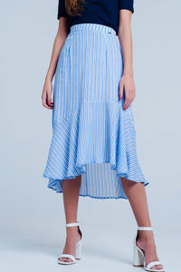 Blue Stripe Asymetric Hem Midi Skirt