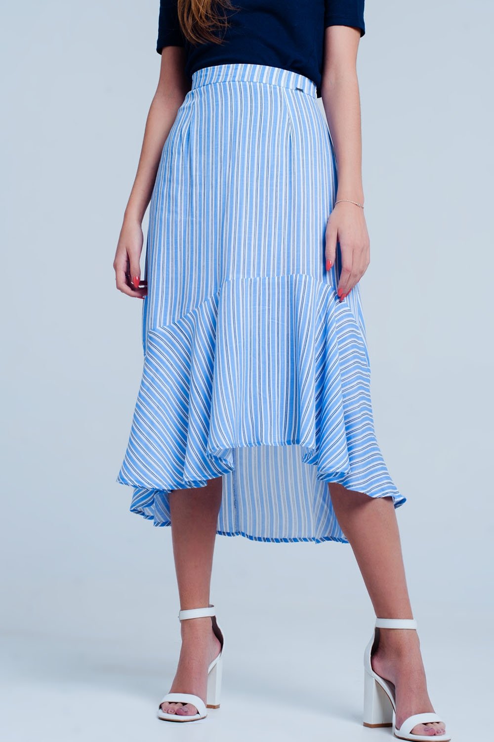 Blue Stripe Asymetric Hem Midi Skirt