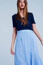 Load image into Gallery viewer, Blue Stripe Asymetric Hem Midi Skirt