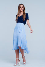 Load image into Gallery viewer, Blue Stripe Asymetric Hem Midi Skirt