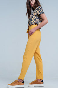 Mustard Slim Fit Pants With Satin Belt