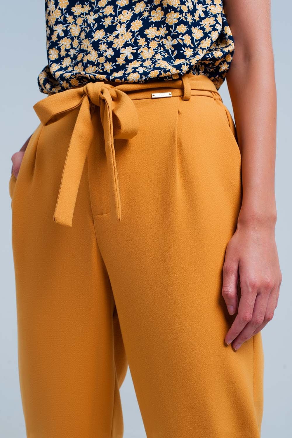 Zara high waisted belted yellow pants