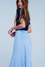 Load image into Gallery viewer, Blue Stripe Asymetric Hem Midi Skirt