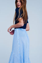 Load image into Gallery viewer, Blue Stripe Asymetric Hem Midi Skirt